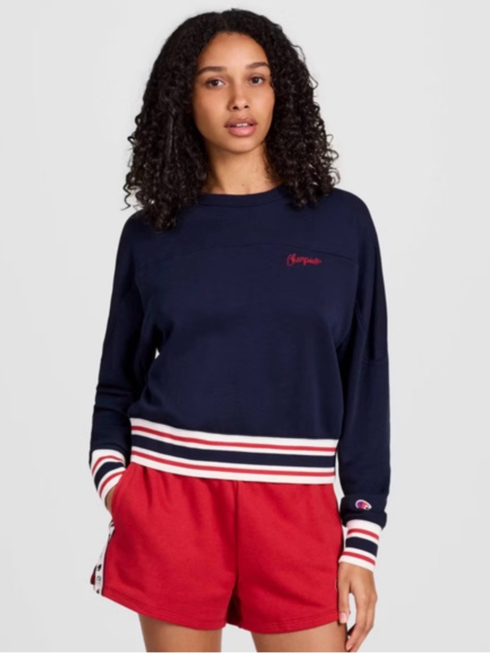 Champion Cropped Terry Sweatshirt XS Navy Red White Striped Hem Logo